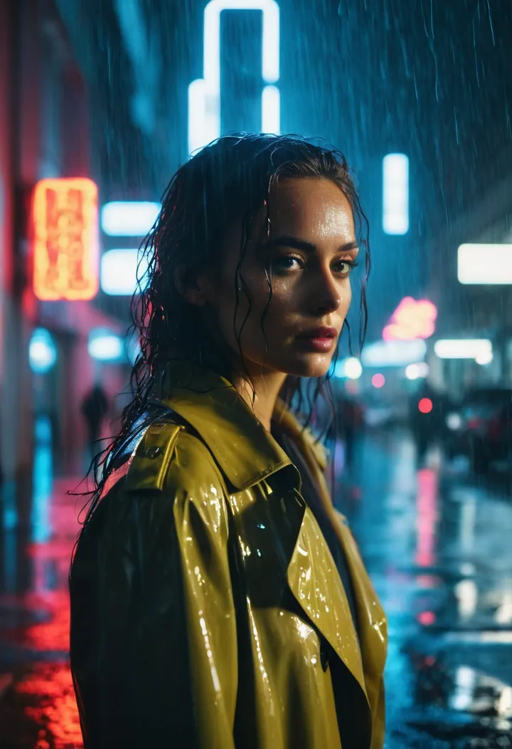 雨夜霓虹街头穿风衣的神秘女子