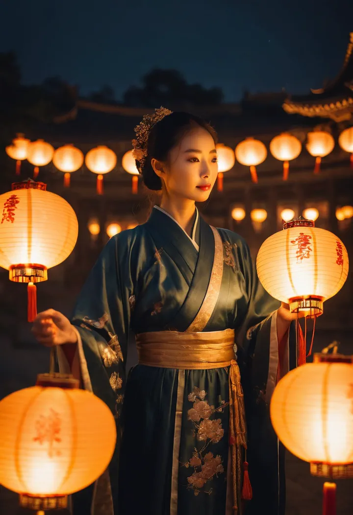 手提灯笼的汉服女子与古宫殿夜景